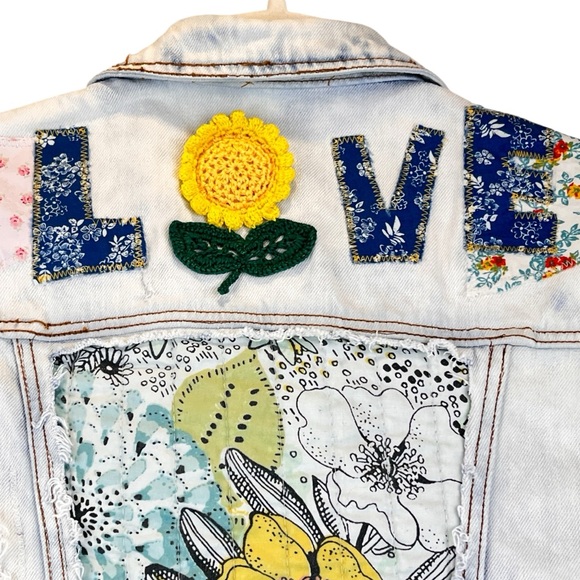 Pistola Boho Denim Distressed Vest Jacket Upcycled 3D Crochet Festival S/M - Picture 3 of 15